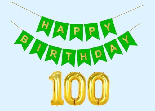 Image of Mystic Toy Store 100th Happy Birthday Decoration Kit Green for 100 year Old Men Women with Number One-HundredParty Decorations Decor Celebration Items Item Set Combo Reusable Paper Banner