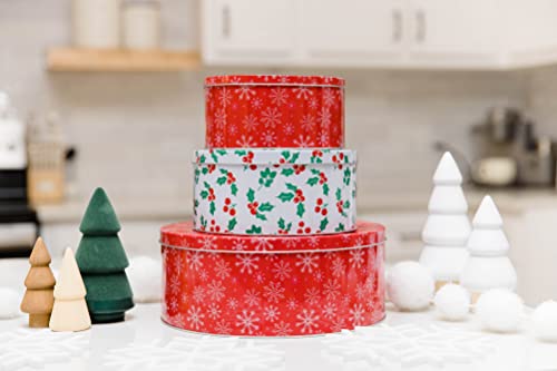Steel Mill & Co Tin Containers with Lids, 3 Pack Christmas Cookie Tins, Festive Cookie Tins for Gift Giving & Holiday Treats, Round Metal Nesting Containers, Large Medium Small, Snowflake & Holly by STEEL MILL AND CO. - Image 3