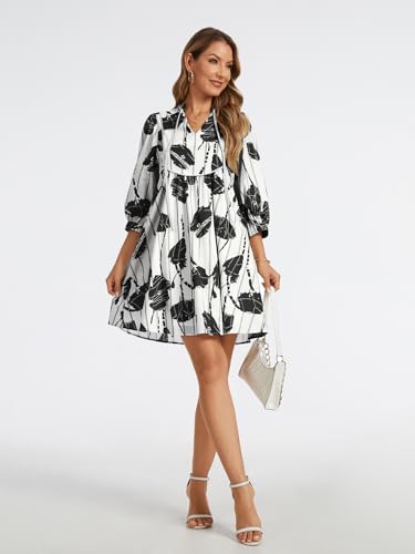 Image of EZAPINE Women Floral Babydoll Mini Dress V Neck 3 /4 Puff Sleeves A Line Flowy Swing Summer Sun Dresses