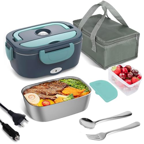 Gamelle Chauffante 40W,1.5L Lunch Box Chauffante,3 en 1 Boite Chauffante Repas(12V / 24V / 220V), Gamelle à Lunch 304 Acier...