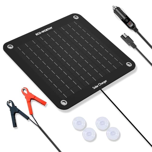 ECO-WORTHY 10W 12V Mainteneur de Batterie de Voiture, Chargeur d'entretien Solaire Portable avec Allume-Cigare ou Pinces Crocodile pour RV/Camping/Automobile/Moto/Bateau