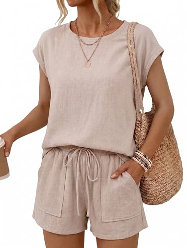 COCCKO Womens 2 Piece Linen Shorts Sets Summer Cap Sleeve Top High Waisted Drawstring Shorts Casual Outfits with Pockets 2026