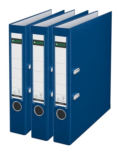 Leitz Qualitäts-Ordner 180 Plastik 3er Pack das Original DIN A4 Aktenordner 5 cm schmal 90% Recycling-Karton 30% Pre-Consumer Recycling-Kunststoff Mit 180 Mechanik 350 Blatt Blau 310345035