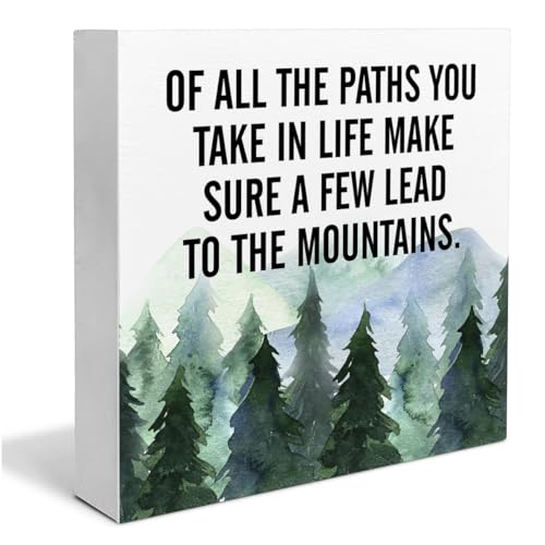Image of Inspirational Quote Desk Wooden Sign Decor of All the Paths You Take in Life Square Desk Decoration Watercolour Mountain Art Wood Block Box Sign for Shelf Home 5 x 5 Inches