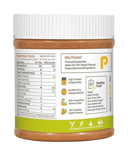 Image of Pintola Organic Unsweetened Peanut Butter Crunchy 350g - High Protein 30g & 9g Dietary Fiber, Made with Organic Peanuts, No Added Sugar, No Preservatives