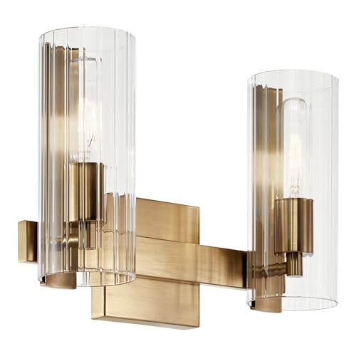 Image of Kichler Jemsa 2-Light Modern Bathroom Vanity Light Fixture with Clear Fluted Glass in Champagne Bronze for Bathroom or Powder Room Wall Mount (9.75 in x 13.75 in), 55167CPZ
