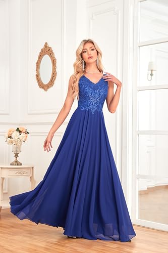 Women's V Neck Lace Appliques Mother of The Bride Dresses Beaded Chiffon Long Formal Dress with Pockets HS0203