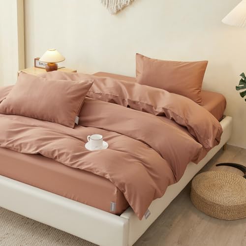 SAPHREAS Duvet Cover Set Full Size 100% Organic Cotton Mocha Mousse, 3 Pcs Soft Bedding Comforter Cover with Zipper Closure & Corner Ties, Comforter Not Included by SAPHREAS - Used condition - Image 2