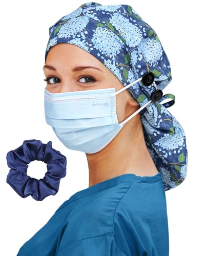 Image of Satin Lined Scrub Cap for Women Extra Large Long Hair Surgical Nurse Cap 4 Buttons