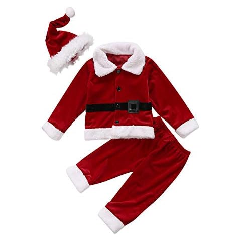 XARAZA Baby Boys Christmas Clothes Outfits Velvet Long Sleeve Outwear Jacket + Santa Long Pants + Hat (12-18 Months, Wine Red) Cover