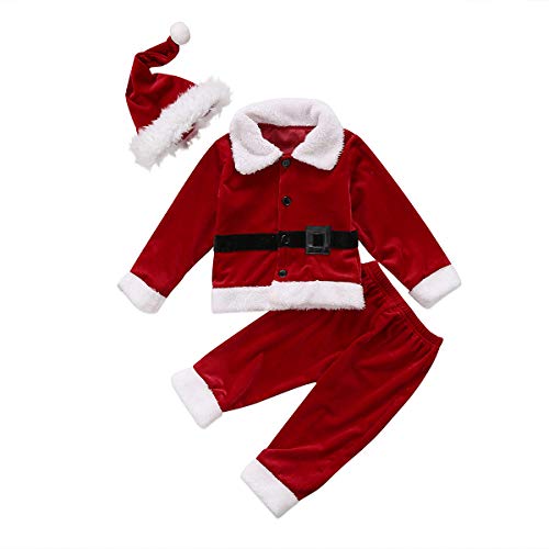 XARAZA Baby Boys Christmas Clothes Outfits Velvet Long Sleeve Outwear Jacket + Santa Long Pants + Hat (18-24 Months, Wine Red)