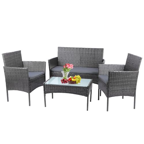 Panana Rattan Garden Furniture 4 Piece Set Table Chair Sofa with Cushions Patio balcony Outdoor Conservatory Indoor (Mixed Grey Wicker with Grey Cushions)