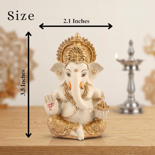 Image of Golden Legacy Cream and Gold Ganesha Idol - Divine Seated Ganpati Statue with Gold Accents for Home Mandir, Office Desk, and Car Dashboard - Auspicious Vastu Home Decor and Spiritual Gift