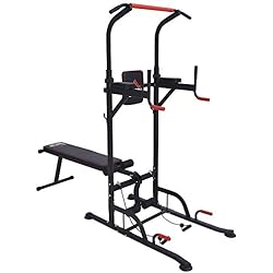 Maquina Pendulo Gym HOMCOM Estación de Musculación Multifuncional Torre de Entrenamiento Ajustable en Altura con Banco Plegable Barra de Dominadas para Fitness 220x98x181-229 cm Negro