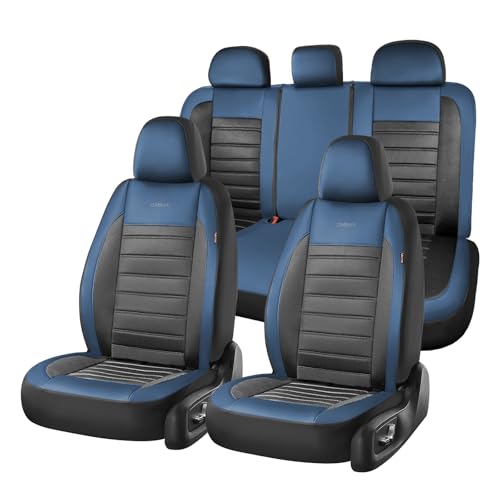 Image of Coverado Car Seat Covers Full Set, Luxury Leather Car Seat Covers, Automotive Front and Rear Mesh Seat Covers, Full Set 5 Seats, Blue Black Seat Covers for SUV Sedan Truck