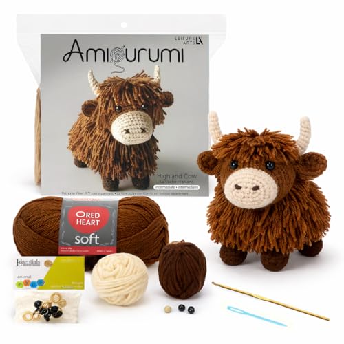 LEISURE ARTS Crochet Kit Amigurumi Highland Cow, Brown, Crochet Kit
