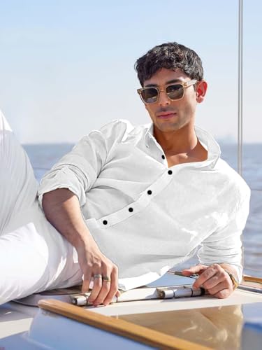 Image of Men's Linen Cotton Casual Shirt | Regular Fit Plain Shirt for Men | Long Sleeve Shirt for Casual & Formal Wear