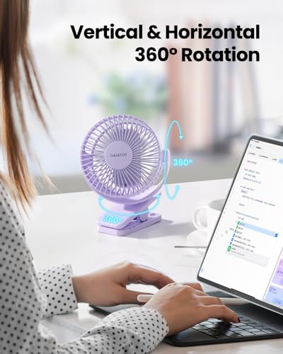 Image of Gaiatop Portable Clip on Fan Battery Operated, Small Powerful 3 Speed Quiet 360 Rotate, USB Rechargeable Mini Personal Cooling Fan for Desk Table Home Office Stroller Camping Women Gifts Purple