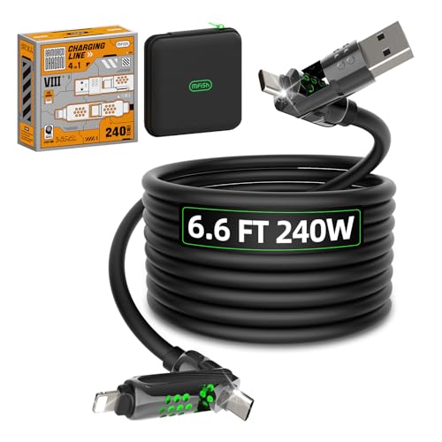 Image of MFish 4-in-1 Fast Charging Cable with Case, 6.6FT 240W Max PD 3.1 Fast Charger, USB-A /USB-C to USB-C /Lightning, CarPlay Compatible, RGB Light, for iPhone 17 /16 Series, iPad, MacBook, Galaxy, Black