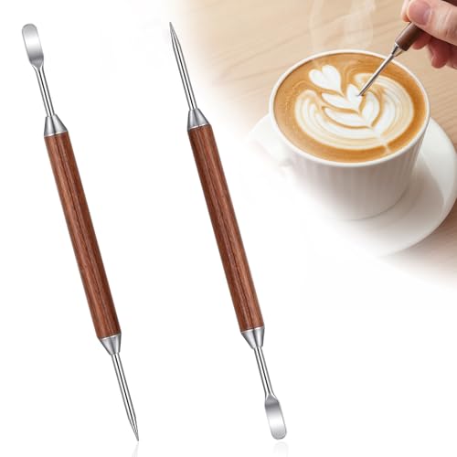 QFGasre Latte Art Pen 2pcs Stainless Steel Coffee Drawing Tool with Wood Handle Latte Pen for Coffee Foam Etching Double-Ended Barista Accessories for Cappuccino Macchiato Espresso Art Tool Cafe Gift