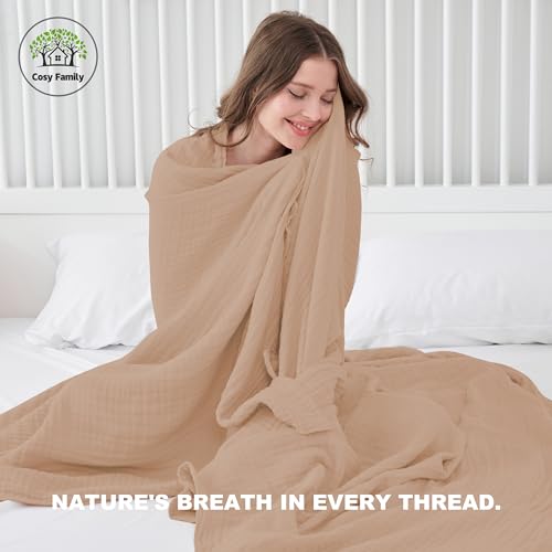Image of Cosy Family 4 Layer Muslin Bed Blanket - Breathable and Lightweight Gauze Boho Blanket for Spring, Soft 100% Cotton Muslin Blanket, Brown, 55x80 Inches