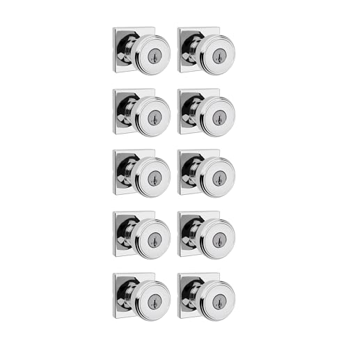 Image of Kwikset Maven Entry Door Knob with Lock and Key, Secure Keyed Handle Exterior, Front Entrance and Bedroom, Polished Chrome, 10 Pack, Pick Resistant SmartKey Rekey Security