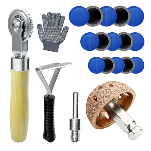 Image of 21Pcs Tire Repair Patch Tools Kit Heavy Duty, Tungsten Steel 42 mm Tire Repair Buffing Wheel with 32 /42 /58mm Tire Patches, Inner Liner Scraper, Tire Patch Roller for Car Motorcycle Bike Grinding