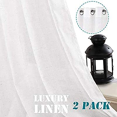 Image of Plain Cotton Linen Sheer Curtains for Door, Balcony, Living Room (7 feet Long, White, Set of 2 Pieces)