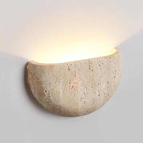 Image of Semi Circle Yellow Travertine Wall Lamp Japanese Style Wabi-Sabi Art Lighting Fixture Half Moon Marble Wall Sconce Natural Stone Bedside Wall Light For Foyer Bedroom Stairs