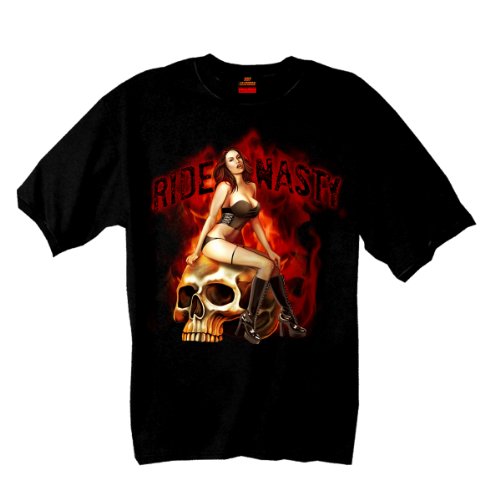 Hot Leathers Ride Nasty Skull Pin-Up Girl T-Shirt (Black, XX-Large)