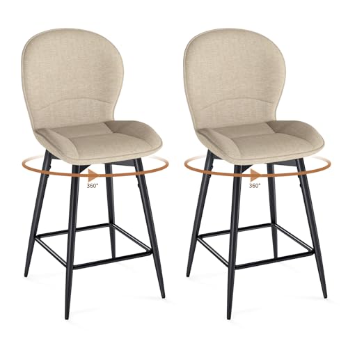 LEWE Juego de 2 Taburetes Altos de Bar, 65 cm Altura del Asiento, Giratorio 360° Sillas Altas de Cocina con Respaldo Acolchado de Tela, Metálica Reposapiés, para Comedor, Salón-Caqui