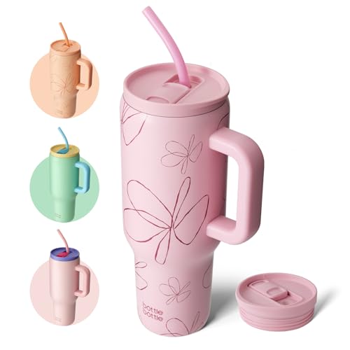 BOTTLE BOTTLE 40 oz Tumbler with Handle and Straw,Stainless Steel Vacuum Travel Mug,Car Cup with Straw, Stainless Steel Vacuum Water Bottle for Gifts Party Office Coffee (Pink Flower)