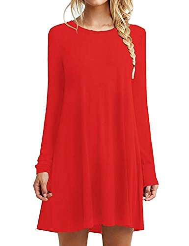 HAHAEMMA Vestido básico elegante de moda para mujer, largo hasta la rodilla, manga larga, swing, camiseta casual, corte holgado, color liso, rojo, S