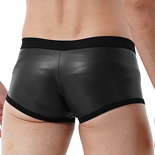 Alvivi Mens Wet Look Faux Leather Boxer Shorts Hot Pants Low Rise Bulge Pouch Hipster Trunks Black X-Large #TOP3