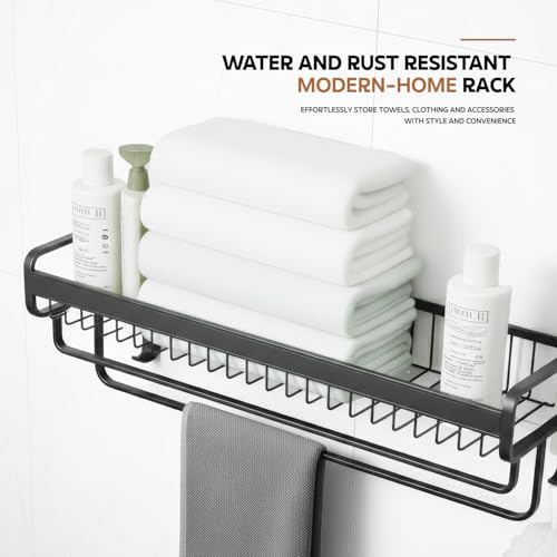 Image of Amazon Basics Premium Aluminum Folding Towel Rack in Bathroom, Towel Rod for Bathroom with Hooks and Hangers, Towel Holder in Bathroom, 24 Inches