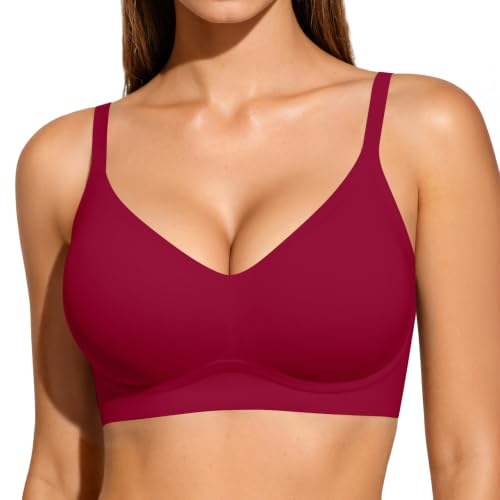 Vertvie Bezszwowy biustonosz damski, z fiszbinami, miękki T-shirt, biustonosz bezszwowy, wygodny, 1 szt.: czerwony, M