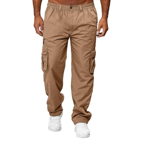 Hawyet Mens Casual Cargo Pants Solid Color Elastic Waist Multi Pockets Loose Fit Straight Leg Outdoor Work Pants