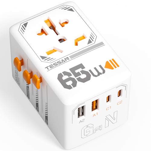 TESSAN Universal Travel Adapter, 65W GaN International Plug Adaptor with 4 USB(2 USB C) Charging Ports, Worldwide Power Outlet for US to European EU UK AUS Ireland(Type C/G/A/I) Orange-65W