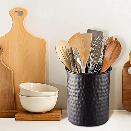 Monarch Abode Hand Hammered Kitchen Utensil Holder for Kitchen Counter, Spatula, Ladle, and Large or Small Spoon Holder, Decorative Cooking Utensil Crock Organizer for Countertop, Matte Black - Thumbnail 2