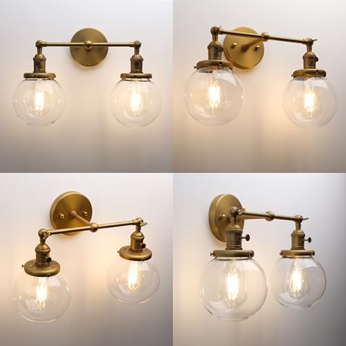 Image of Phansthy Vintage Wall Sconce with Switch, 180 Degree Adjustable Hardwired Bathroom Vanity Light, Industrial Wall Light with 5.9 inch Globe Glass Shade for Living Room Kitchen (Antique Gold, 2-Light)