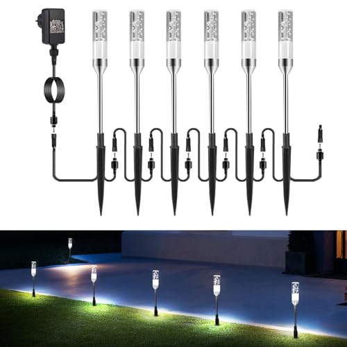 B-right Gartenbeleuchtung 6er Set Gartenleuchte mit Erdspieß, Außenleuchte mit Stecker, Wegleuchte Gartenlampe mit Kabel, kaltweiß, 360lm, 6000K,...