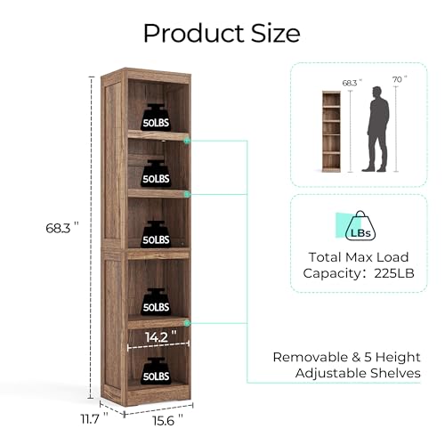 LINSY HOME 5-Shelf Bookcase, Narrow Bookshelves Floor Standing Display Storage Shelves 68 in Tall Bookcase Home Decor Furniture for Home Office, Living Room, Bed Room - Dark Brown
