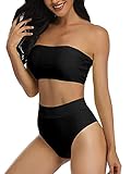 Women Bandeau Bikini Removable Straps Padded High Waist Cheeky Bathing Suit Black Large