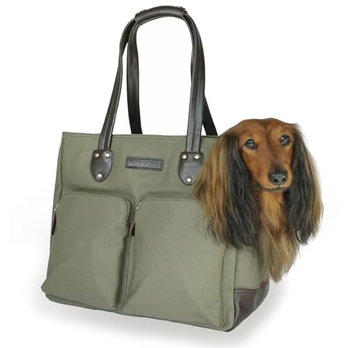 DJANGO Waxed Canvas & Leather Dog Carrier Tote Bag &ndash; Premium Soft-Sided Travel Dog Purse with Safety Leash, WR Lining, Zipper Pockets &ndash; Everyday Pet Carrier for Small Dogs up to 20 lbs (Olive, Large)