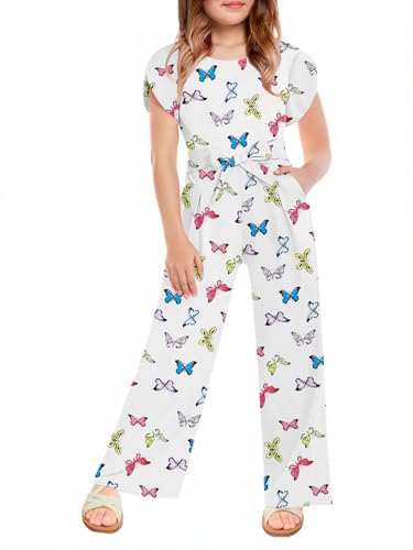 Haloumoning Girls Floral Jumpsuit Kids Fashion Short Sleeve Belted Wide Leg Romper One Piece Outfits with Pockets
