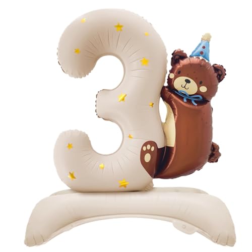 Bear Balloon 3 Birthday Decorations, Beige Brown Teddy Bear Foil Number Balloon for Beary Themed 3ed Birthday Party Decor Supplies 3 Year Old Brown 38.2inch Bear 3