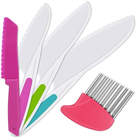AKlamater 5PCS Kitchen Safety Knives for Kids, Children's Cooking Knives in 4 Sizes, Plastic Cutting Board Grip Serrated Edges for Vegetables Fruits Salad Cake( Pink)