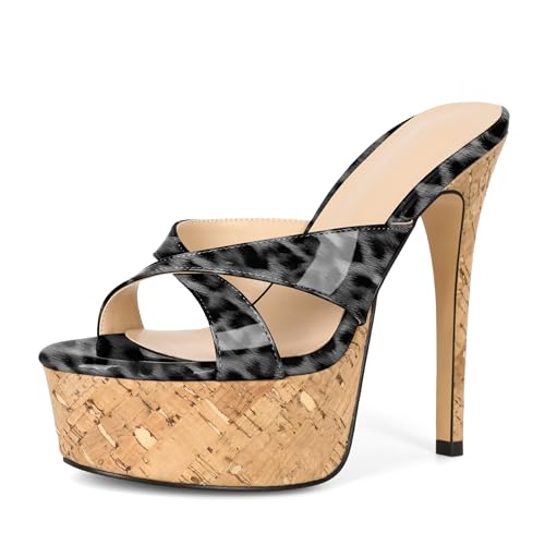 Image of Esvowido Heeled Mules for Women Cork Platform Stiletto Heels Slip on Open Toe High Heeled Sandals Crisscross Slippers Pumps Shoes