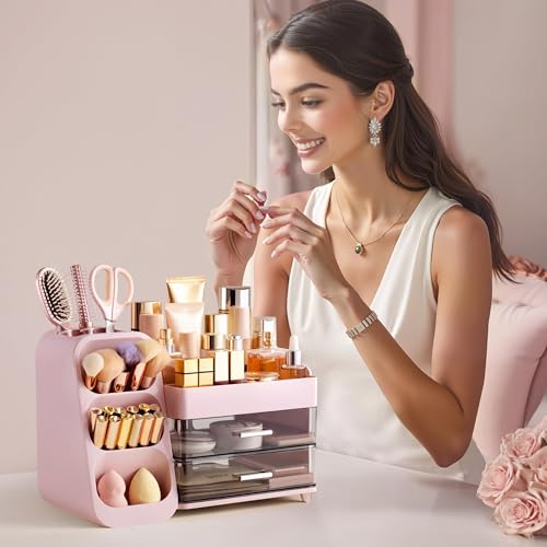 HBlife Makeup Organizer with Brush Holder for Vanity, Large Plastic Bathroom Countertop Organizer Skin Care Storage, Easy to Store Lipsticks, Nail Polishes, Perfumes, Eyeshadow Palettes, Pink by HBlife - Image 6