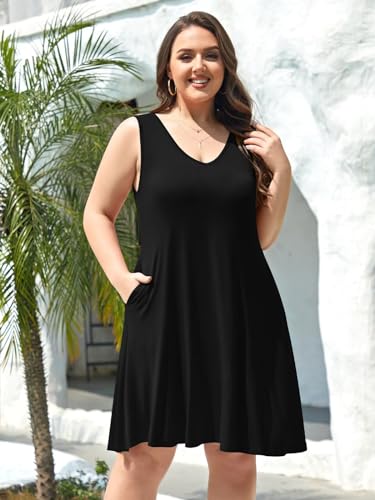 Image of BELAROI Women Casual Summer Dresses Plus Size Sundress V Neck Swing Tank Dress Sleeveless Criss-Cross Beach Cover Ups Pockets
